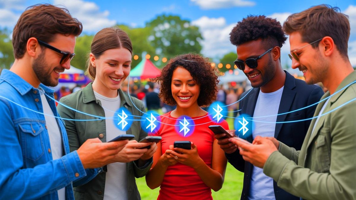 Illustration de l'utilisation de Bitchat pour échanger des messages via un réseau Bluetooth maillé sans connexion Internet.