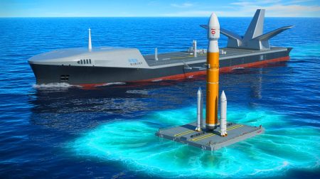 Illustration de la Chine lançant son navire-drone Xingji Guihang pour concurrencer SpaceX.