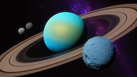 Illustration de la découverte d'une nouvelle lune autour d'Uranus grâce au télescope spatial James Webb.