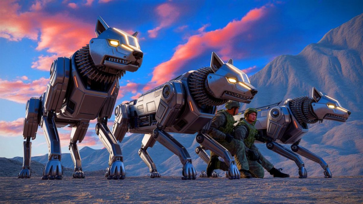 Illustration de l'armée chinoise déployant des robots loups armés sur le champ de bataille.