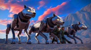 Illustration de l'armée chinoise déployant des robots loups armés sur le champ de bataille.