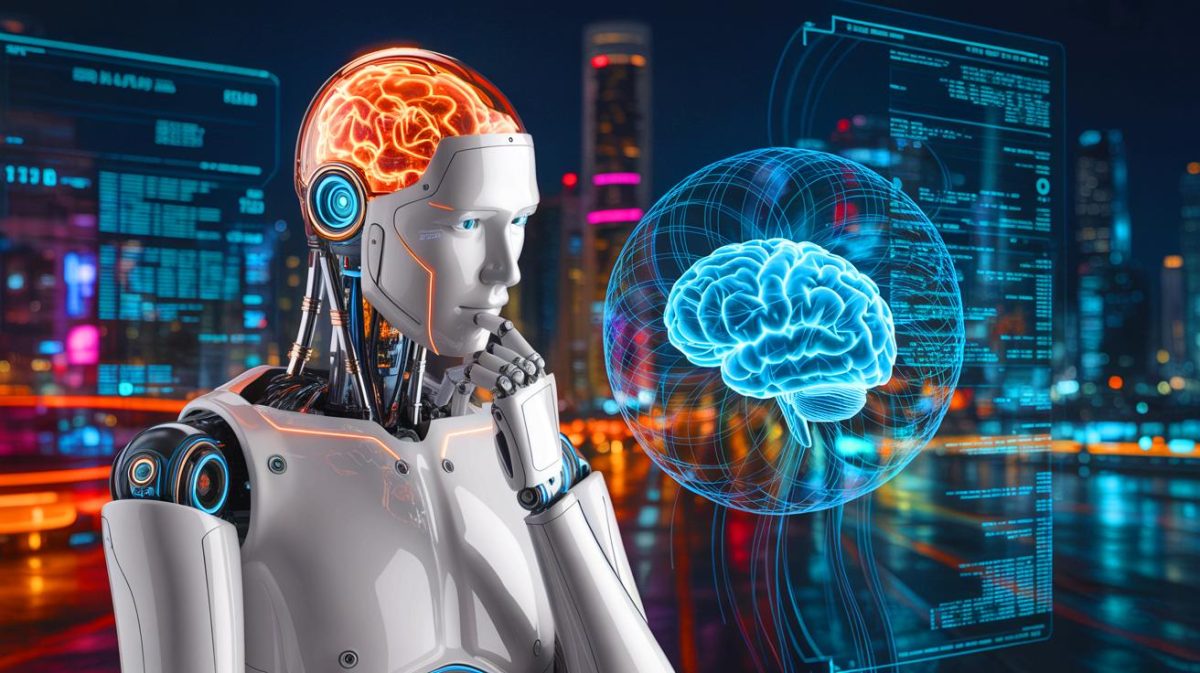 Illustration de l'émergence potentielle de l'intelligence artificielle générale et ses défis éthiques.