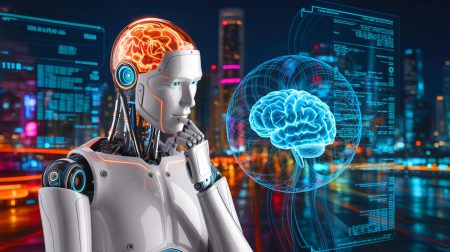Illustration de l'émergence potentielle de l'intelligence artificielle générale et ses défis éthiques.