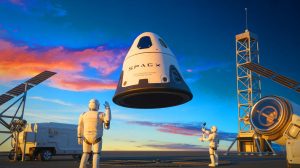 Illustration de la capsule Dragon de SpaceX ramenant du matériel futuriste depuis la Station spatiale internationale.