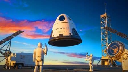 Illustration de la capsule Dragon de SpaceX ramenant du matériel futuriste depuis la Station spatiale internationale.