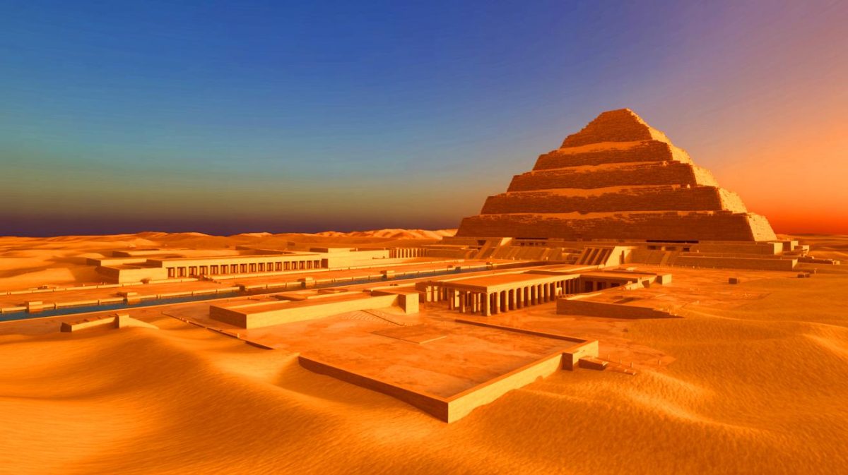 Illustration de la découverte d'un système hydraulique avancé autour de la pyramide de Djoser.