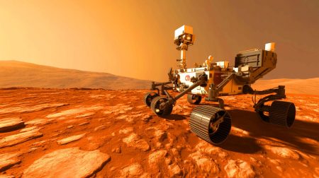Illustration de la mission du rover Curiosity explorant la surface martienne.