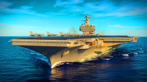 Illustration de l'USS Gerald R. Ford, le plus grand porte-avions du monde, symbole de la puissance navale américaine.