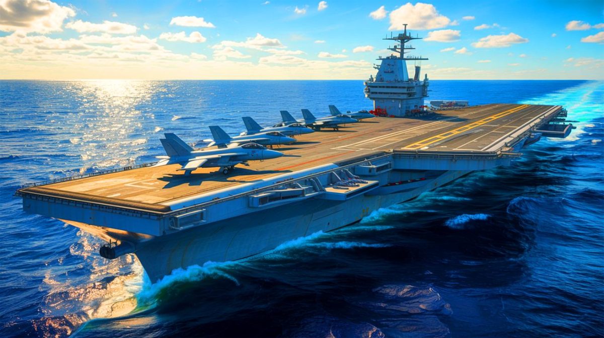 Illustration de la future puissance maritime française avec le porte-avions Pang remplaçant le Charles-de-Gaulle en 2035.
