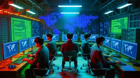 Illustration de l'infiltration des entreprises américaines par des informaticiens nord-coréens utilisant l'intelligence artificielle.