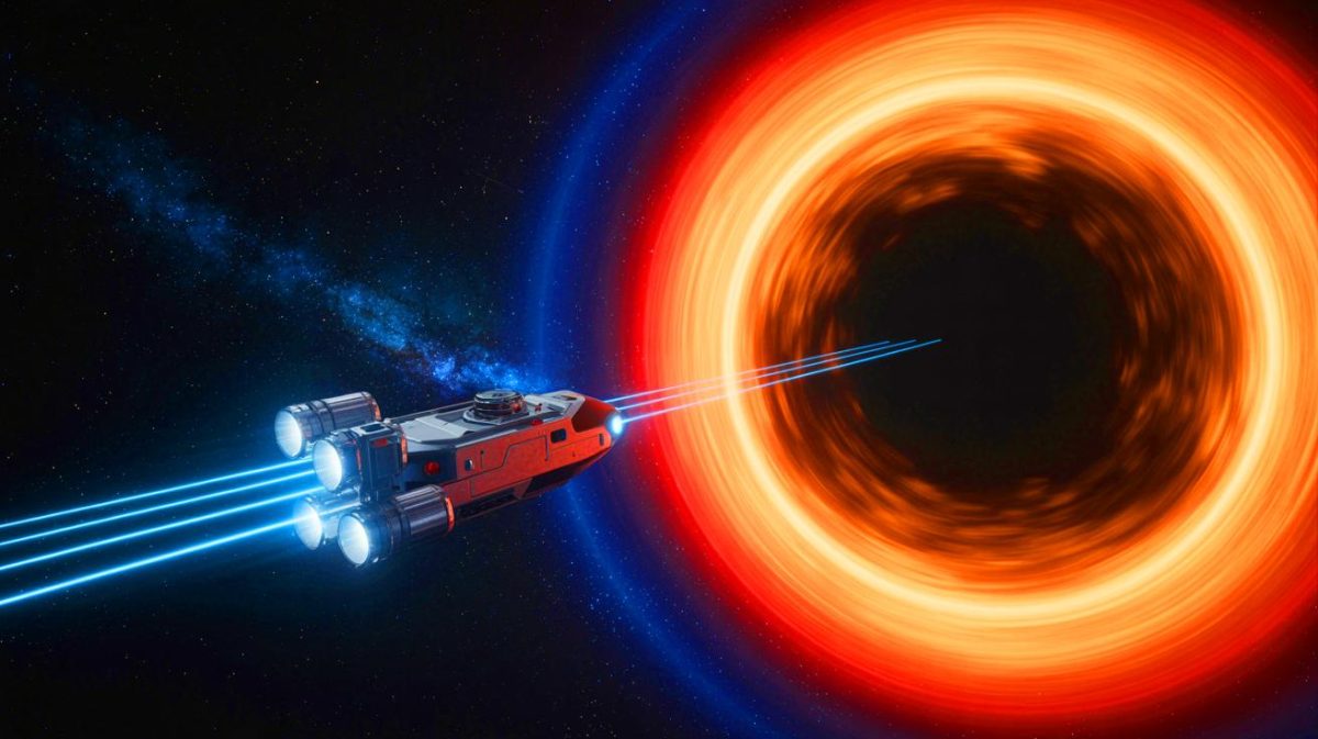 « On court après l’éternité » : la mission vers le trou noir précipite l’humanité dans une lutte perdue contre le temps infini Illustration de l'envoi d'une sonde miniature vers un trou noir pour explorer les limites de la relativité générale.