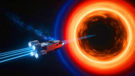 Illustration de l'envoi d'une sonde miniature vers un trou noir pour explorer les limites de la relativité générale.