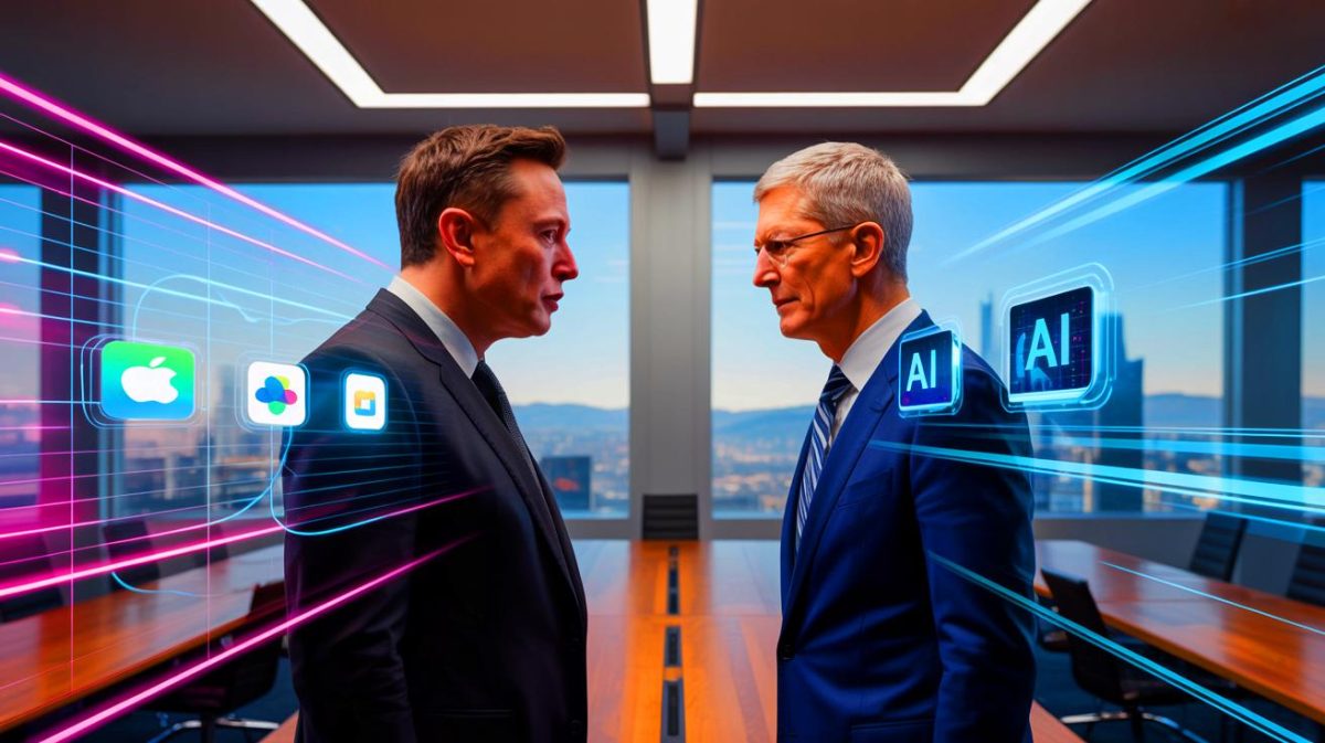 Illustration de la confrontation judiciaire entre Elon Musk et Apple concernant les pratiques de l'App Store.