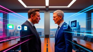 Illustration de la confrontation judiciaire entre Elon Musk et Apple concernant les pratiques de l'App Store.