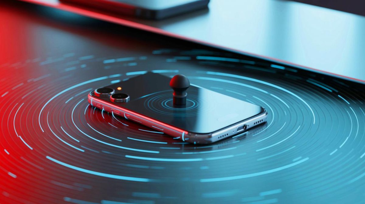 Illustration de l'espionnage des conversations téléphoniques par une technologie radar et IA.