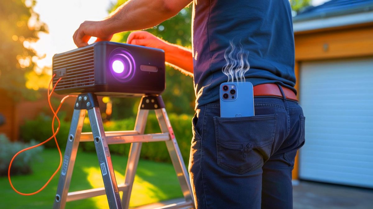« Ton téléphone a failli devenir un défibrillateur sauvage » : un smartphone dans la poche lors d’une décharge de 230 Volts, les conséquences ignorées par la majorité Illustration de la manipulation imprudente d'un projecteur électrique entraînant la surchauffe d'un smartphone.
