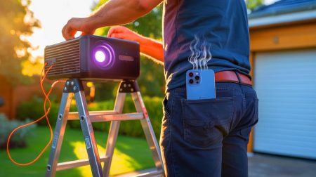Illustration de la manipulation imprudente d'un projecteur électrique entraînant la surchauffe d'un smartphone.