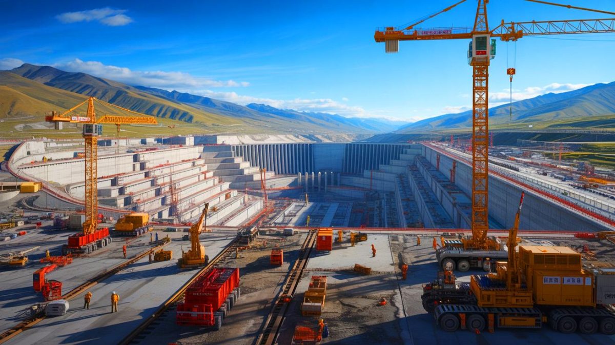 Illustration de la construction du barrage de Motuo sur le plateau tibétain en Chine.