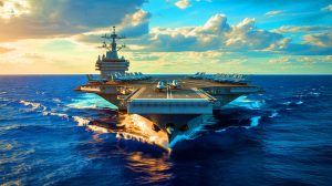 Illustration de l'USS Gerald R. Ford, symbole de la puissance militaire américaine et des défis technologiques navals.