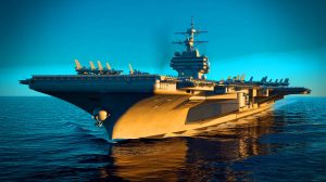 Illustration de l'USS Gerald R. Ford, le plus grand porte-avions symbolisant la puissance militaire et technologique des États-Unis.