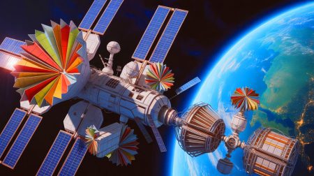 Illustration de l'application des motifs origami dans la conception d'équipements spatiaux innovants.
