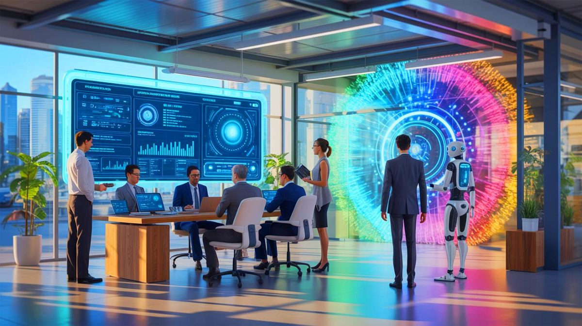 Illustration de l'impact de l'intelligence artificielle sur le marché du travail et les opportunités de transformation économique.