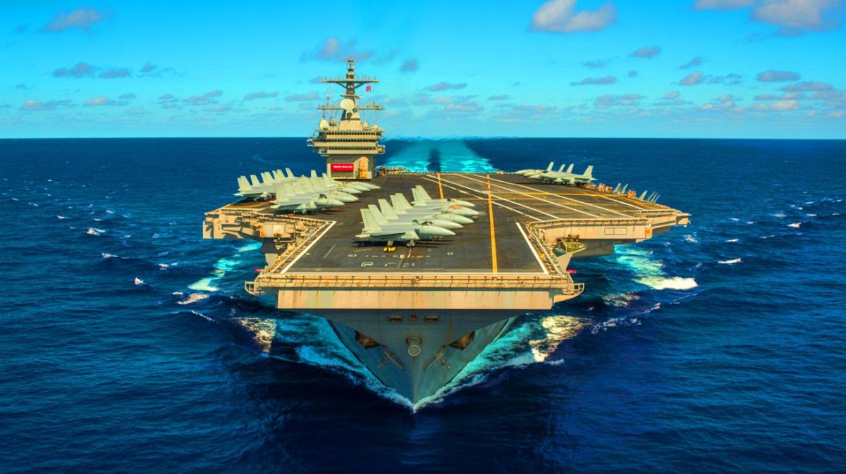 Illustration de l'USS Gerald R. Ford, le plus grand porte-avions incarnant la puissance militaire américaine.