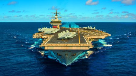 Illustration de l'USS Gerald R. Ford, le plus grand porte-avions incarnant la puissance militaire américaine.