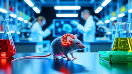 Illustration de la transplantation de cellules cérébrales humaines modifiées chez des souris pour traiter des troubles psychiatriques.
