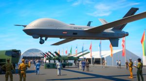 Illustration de la présentation du drone One Way Effector par l'armée française au salon du Bourget.