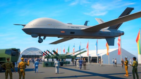 Illustration de la présentation du drone One Way Effector par l'armée française au salon du Bourget.