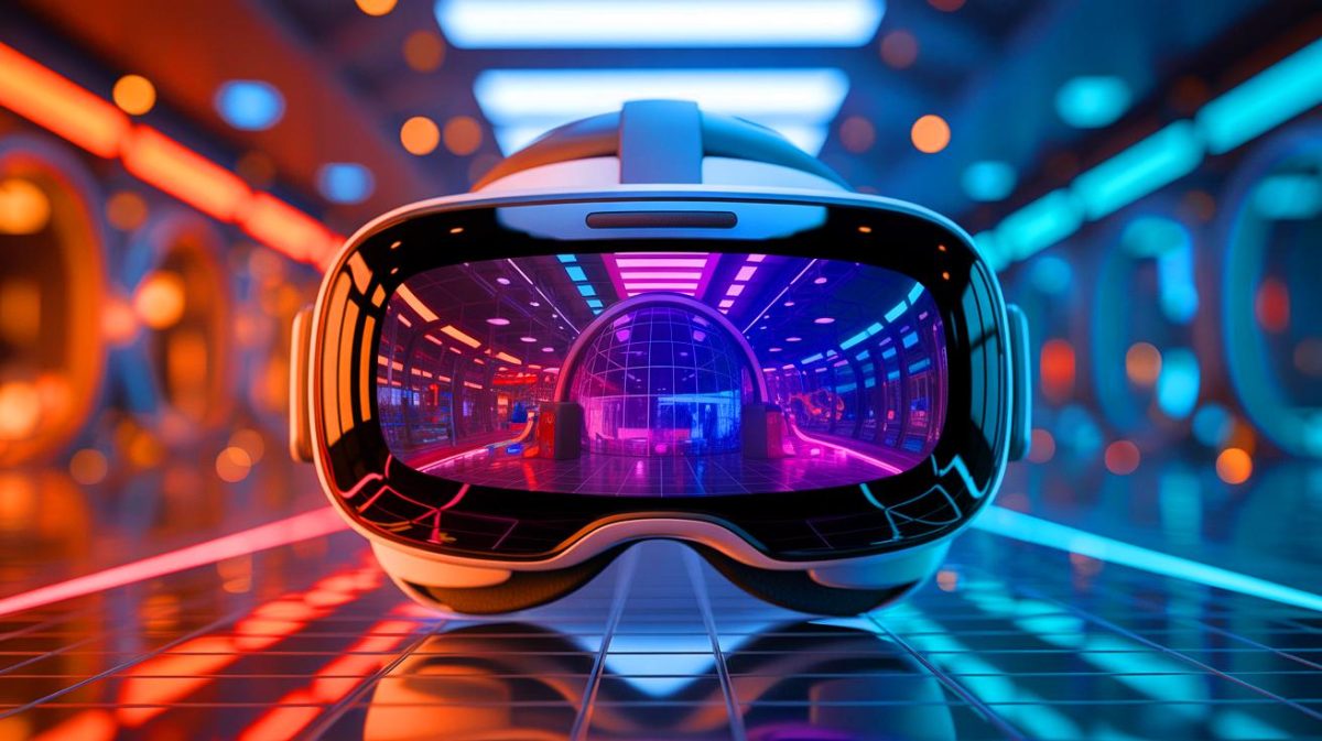 Illustration de l'Apple Vision Pro mettant en avant sa fonctionnalité « Zoom » pour une expérience immersive.