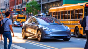 Illustration de la démonstration controversée d'un robot-taxi Tesla lors d'un test de sécurité à Austin.