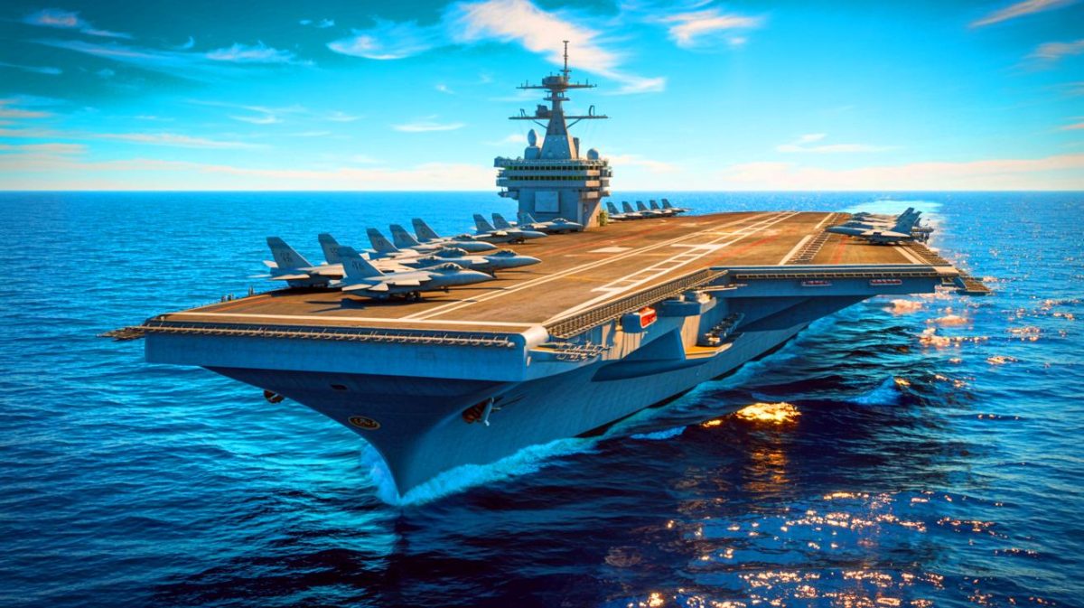 Illustration de l'USS Gerald R. Ford, symbole de la suprématie navale américaine et prouesse technologique du XXIᵉ siècle.