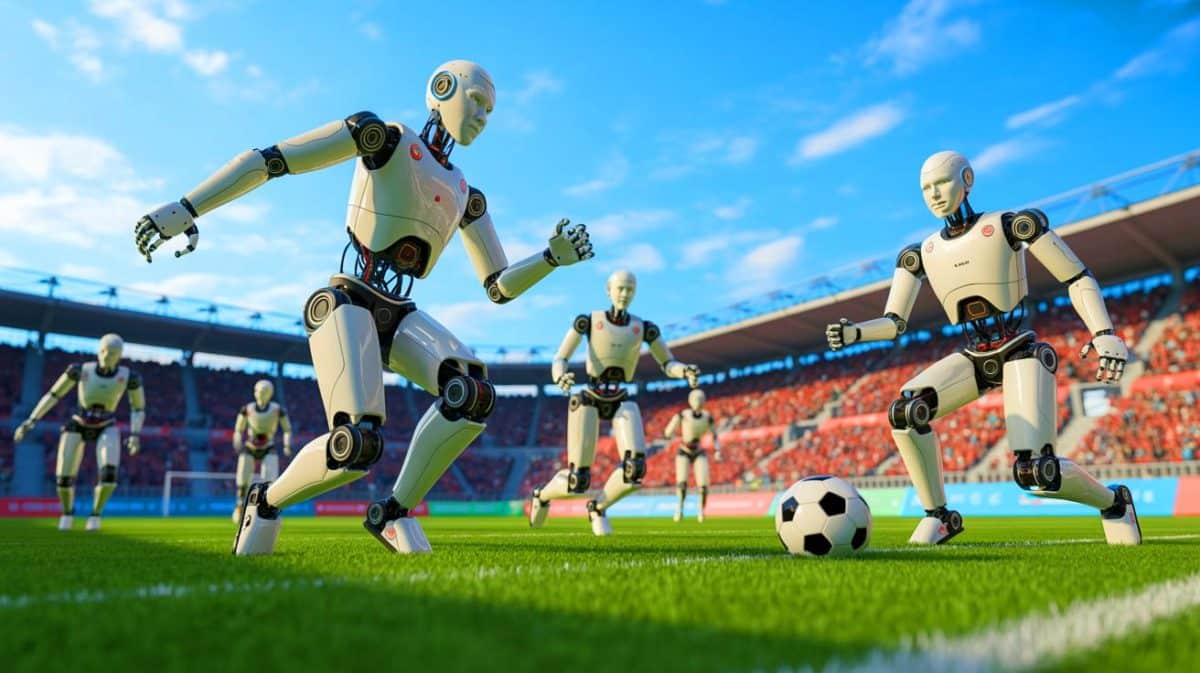 Illustration de robots humanoïdes jouant au football lors des World Humanoid Robot Games à Pékin.