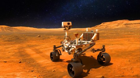 Illustration de la mission du rover Curiosity explorant la surface de Mars.