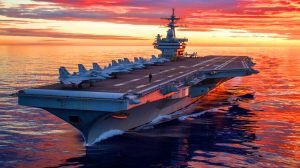 Illustration de l'USS Gerald R. Ford, symbole de puissance et d'innovation technologique navale.