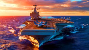 Illustration de l'USS Gerald R. Ford, porte-avions symbolisant la puissance militaire et technologique des États-Unis.