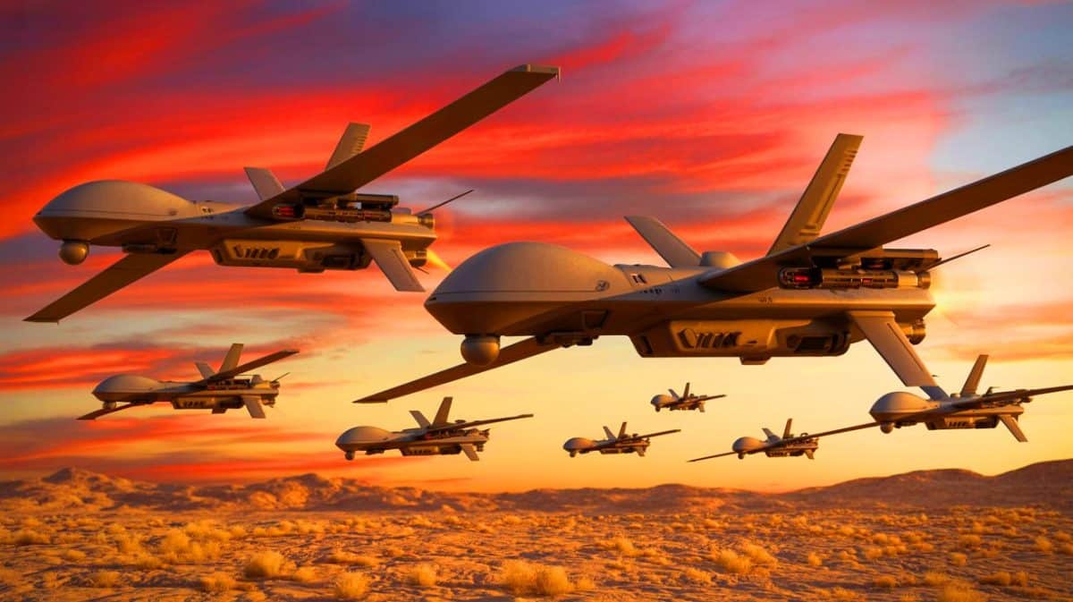 Illustration de drones de combat modernes en opération stratégique.