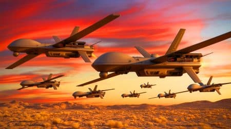 Illustration de drones de combat modernes en opération stratégique.