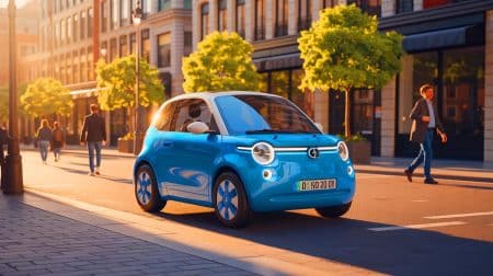 Illustration de la Geely Livan Smurf, voiture électrique inspirée des Schtroumpfs, potentiellement sur le marché européen.