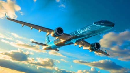 Illustration de l'innovation d'Airbus vers des avions à hydrogène pour réduire l'empreinte carbone.