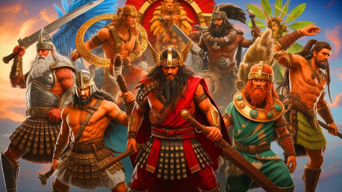 Illustration de divinités guerrières à travers les mythologies du monde.