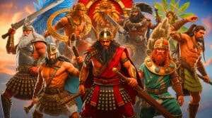 Illustration de divinités guerrières à travers les mythologies du monde.