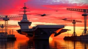 Illustration de la construction du porte-avions MUGEM dans les chantiers navals d'Istanbul.