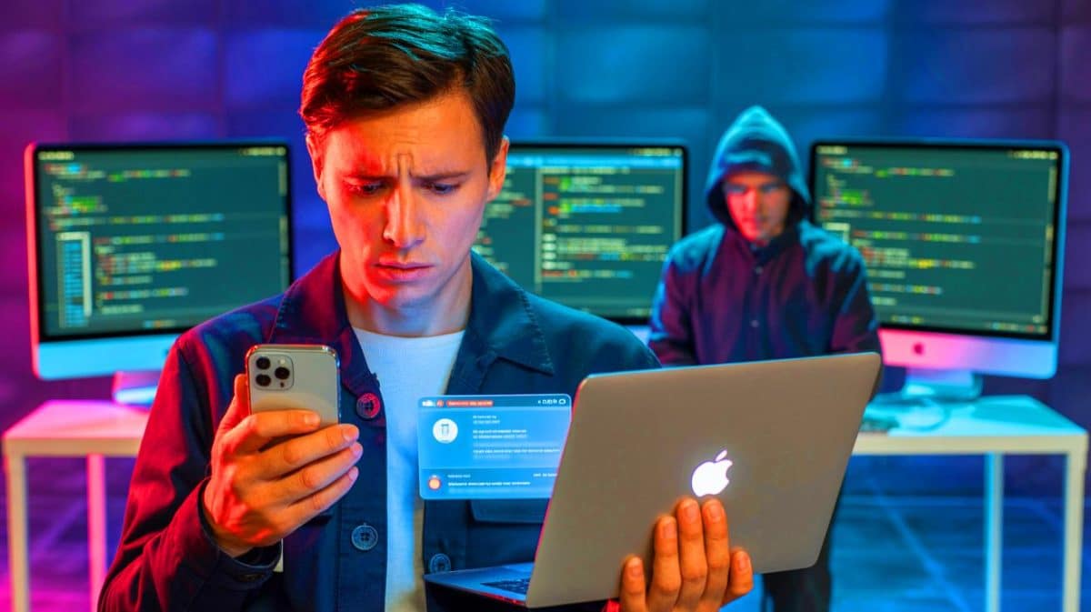 Illustration de la faille de sécurité exploitée sur WhatsApp et corrélée aux systèmes Apple.