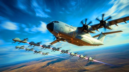 Illustration de l'Airbus A400M déployant des drones de combat pour des missions militaires avancées.