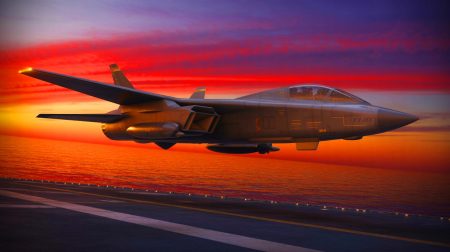 Illustration de la présentation du chasseur F/A-XX de Boeing, révolutionnant l'aviation navale.