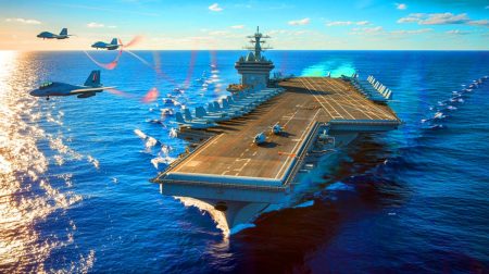 Illustration de l'USS Gerald R. Ford, le plus grand porte-avions du monde, symbole de la puissance navale américaine.