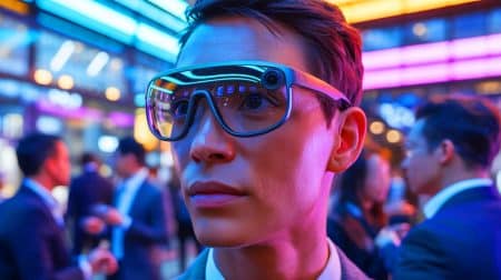 Illustration de lunettes Halo X enregistrant des conversations pour analyse par intelligence artificielle.